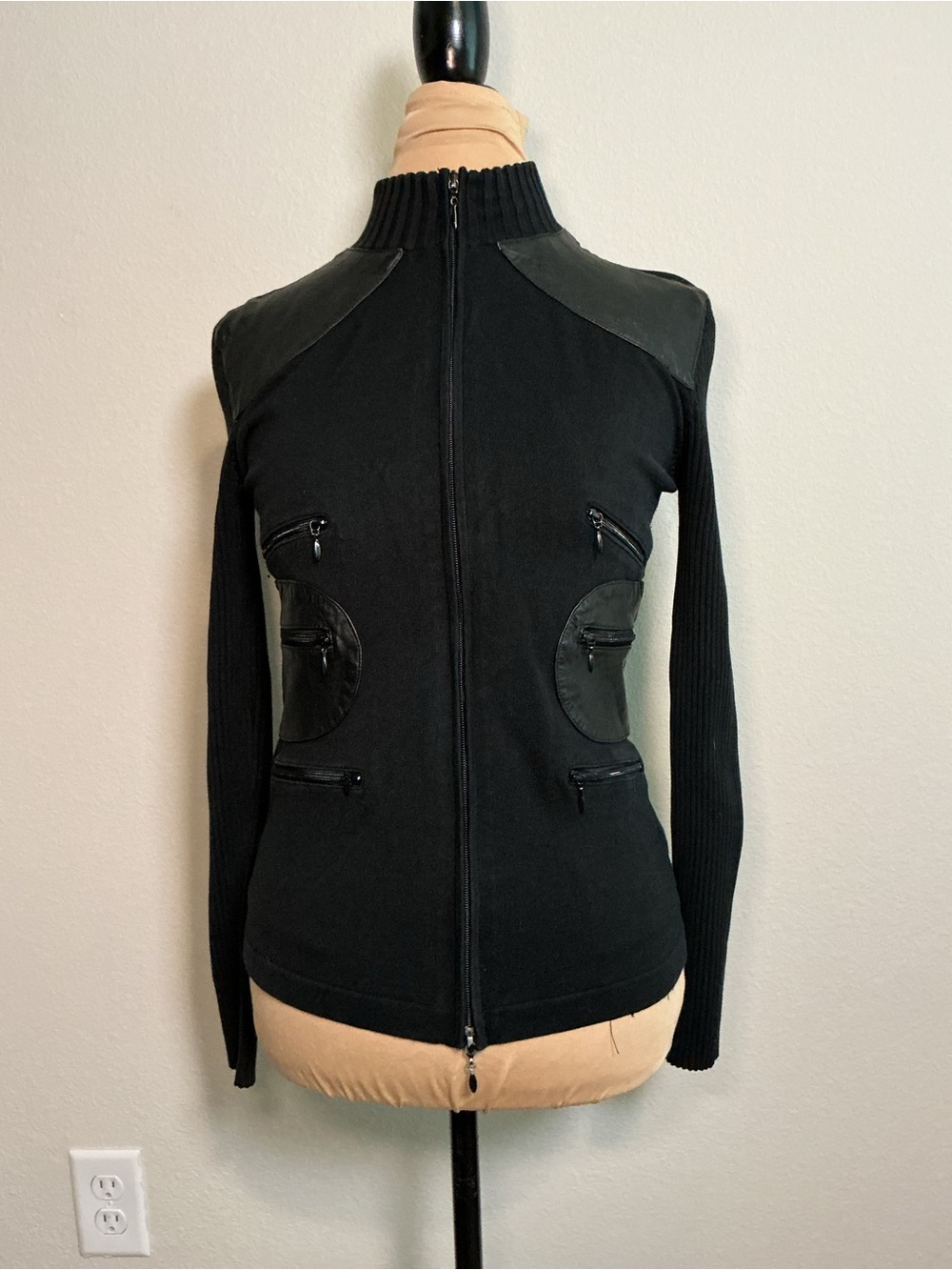 Black Zip-Up Women’s Jacket with Leather Trim